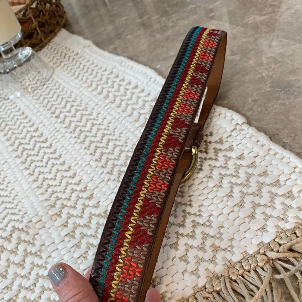 Embroidered Fossil Multicolor Leather Belt with Brass Buckle SM NWT